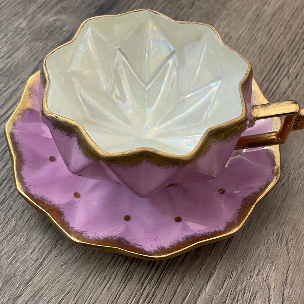 Vintage Royal Sealy Purple Iridescent Lustre Ware Three Footed Teacup and Saucer